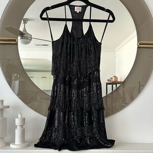 Parker Black Silk Embellished Beaded Sequined Dress